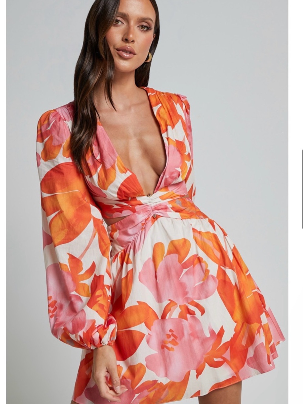 Showpo Pink & Orange Floral Plunge Mini Dress